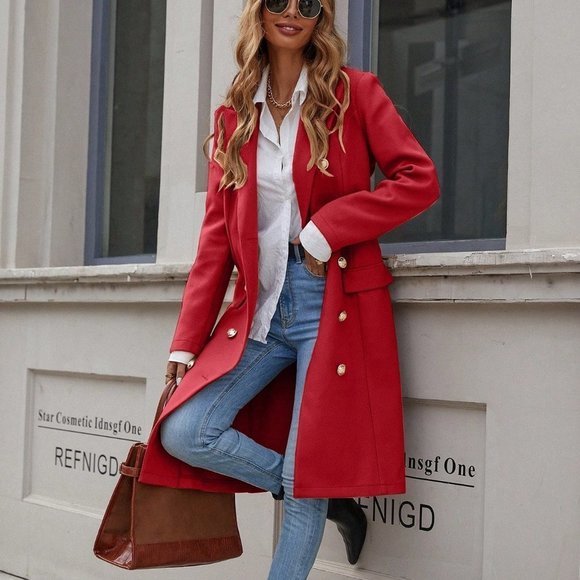 Red Casual Womens Lapel Neck Double Breasted Overcoat - Picture 4 of 5